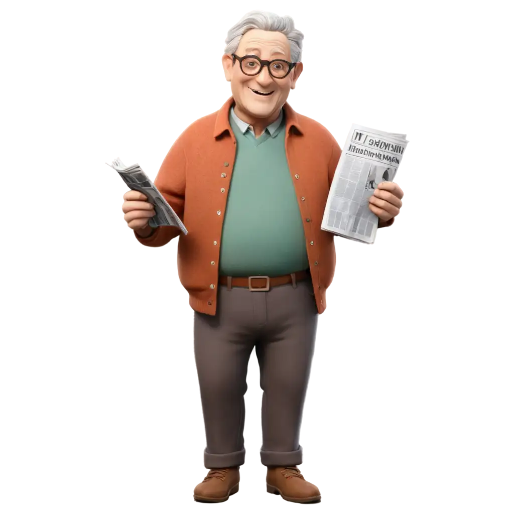 Funny-Old-Man-with-Glasses-and-Newspaper-3D-Style-PNG-Image