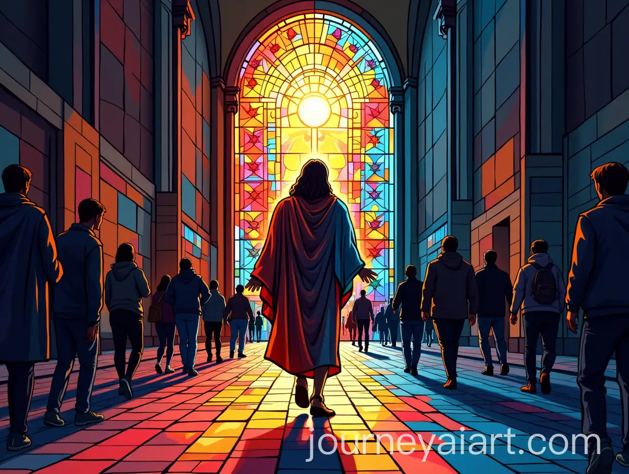 Abstract-Stained-Glass-Window-of-Jesus-Walking-Through-Leeds-City-Centre-in-Colourful-Flat-Illustration-Style
