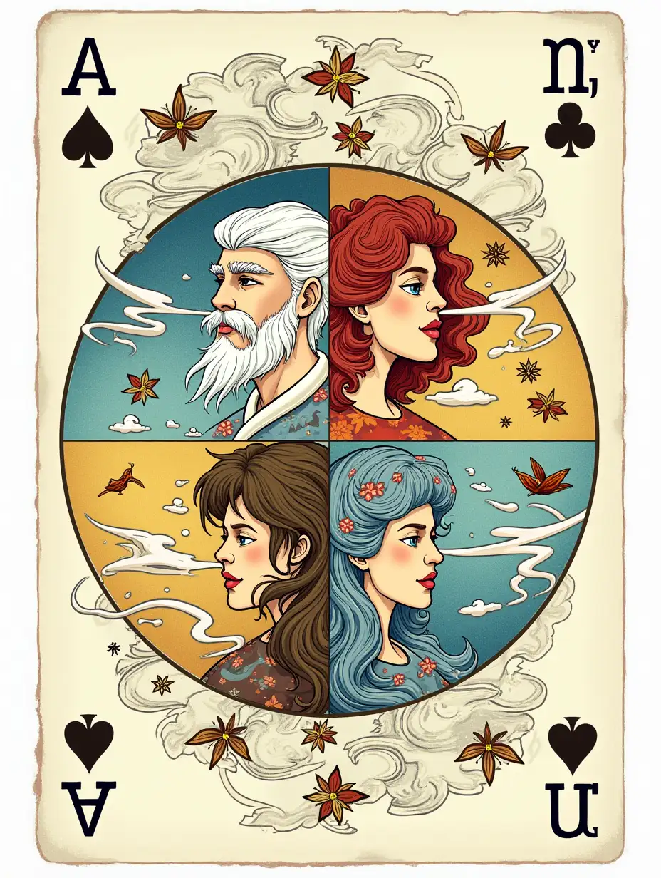 Four of Spades: The Four Winds Illustration: In the center of the card, a circle divided into four quadrants, each representing a cardinal wind. In each quadrant, a face with distinctive features blows powerfully. The north wind has a beard of ice and blows snowflakes. The east wind has almond-shaped eyes and exhales cherry petals. The south wind has tanned skin and blows golden sand. The west wind has wavy hair and blows raindrops. Around the circle, swirling clouds of various colors intertwine, carrying leaves, birds and butterflies. In the corners of the map, cuneiform symbols represent the cardinal points.