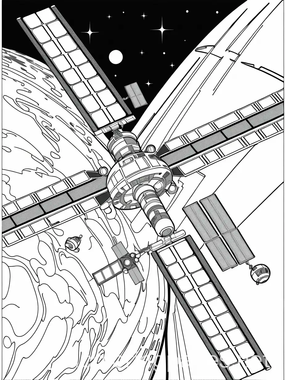 Orbiting-Space-Station-Coloring-Page-Black-and-White-Line-Art