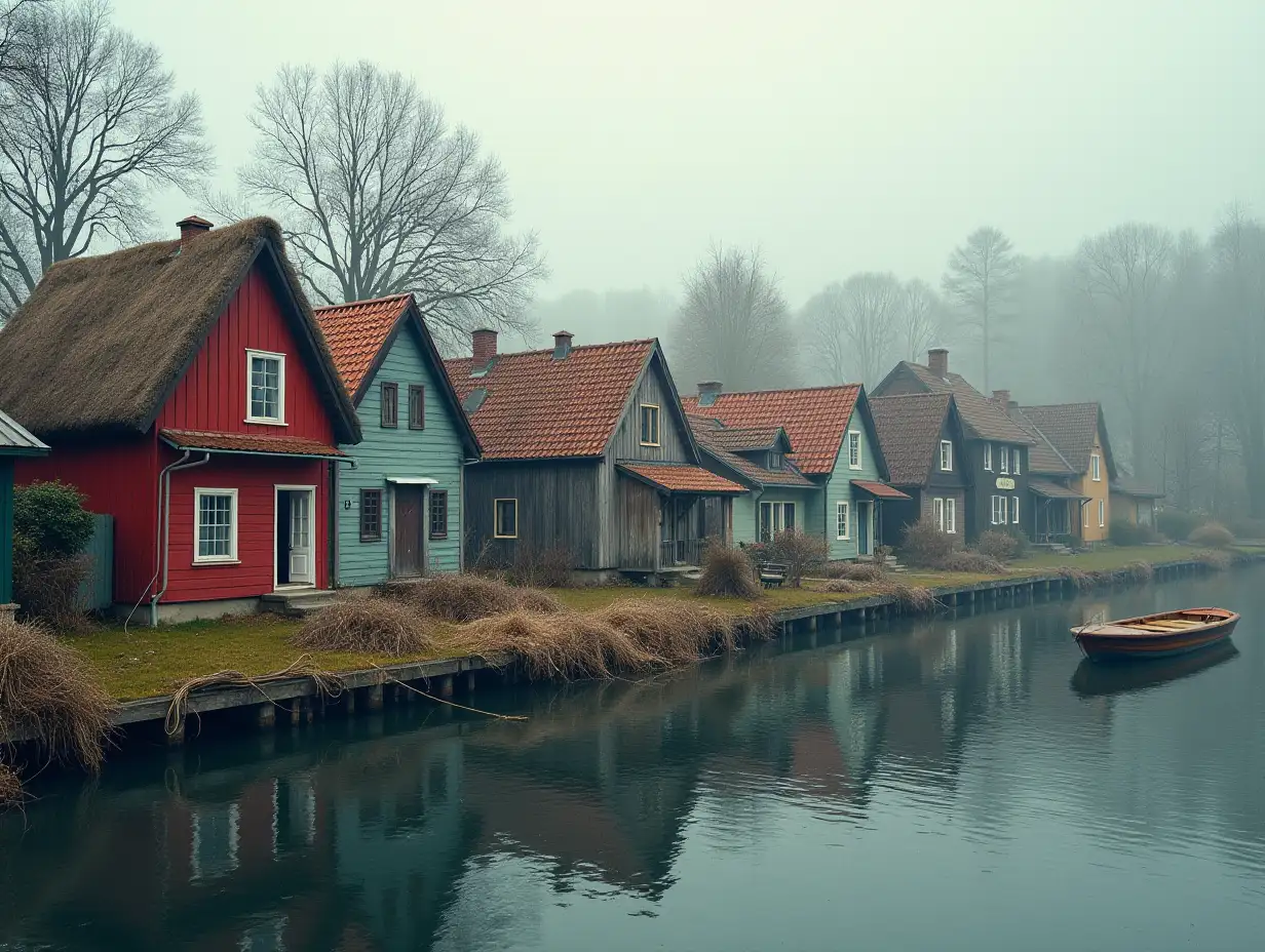 Dreamlike houses next to a river with fishing nets and a small boat.