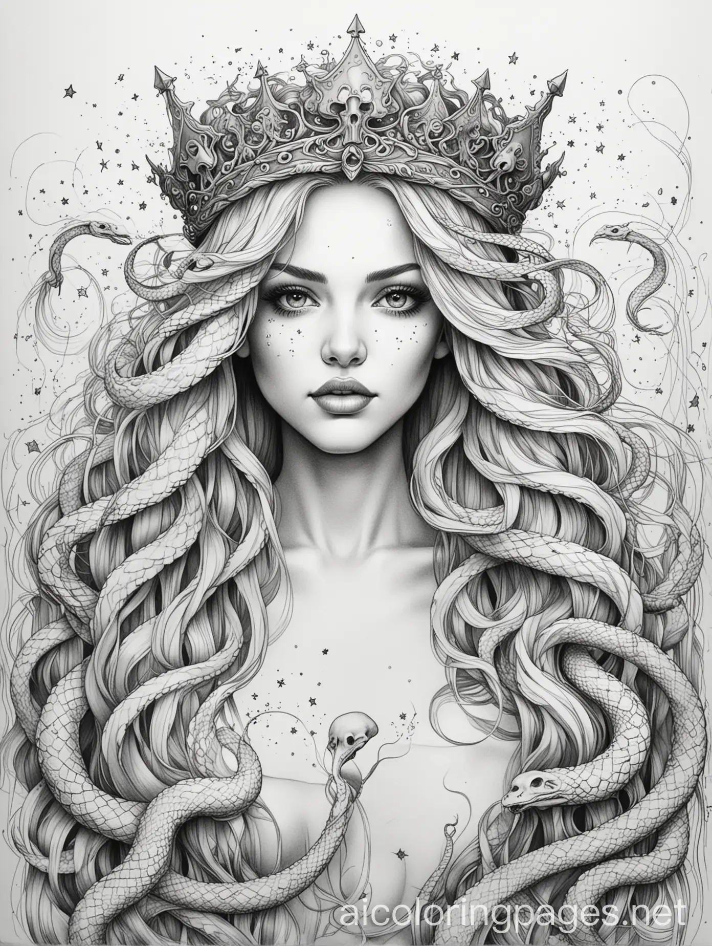 Illustrate strong, fierce women wearing crowns made of stars, with flowing hair intertwined with snakes, skulls, or vines to give a dark, yet beautiful, energy., Coloring Page, black and white, line art, white background, Simplicity, Ample White Space. The background of the coloring page is plain white to make it easy for young children to color within the lines. The outlines of all the subjects are easy to distinguish, making it simple for kids to color without too much difficulty