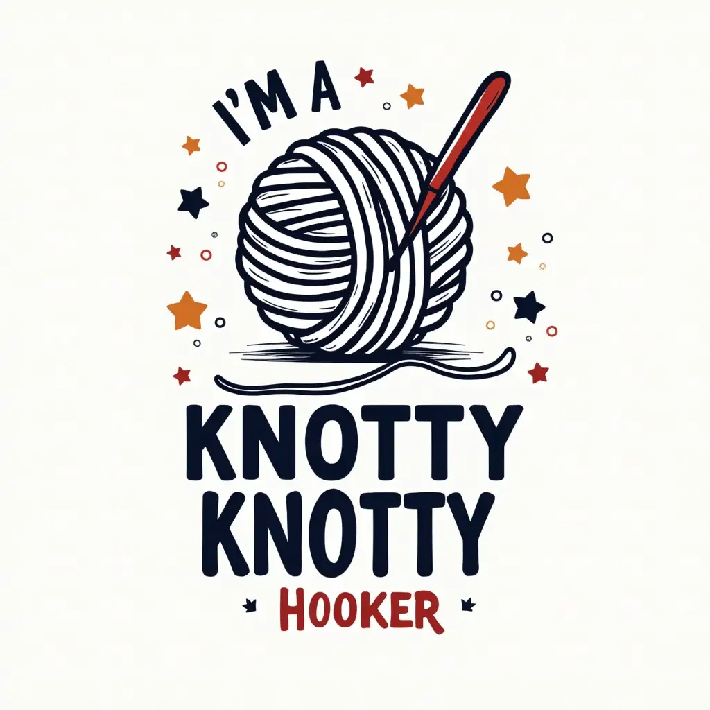 Create a graphic design with a ball of yarn and a crochet hook. Above the graphic, the text reads 'I'M A KNOTTY KNOTTY,' and below it, the text reads 'HOOKER.' The design uses a playful pun related to crochet.