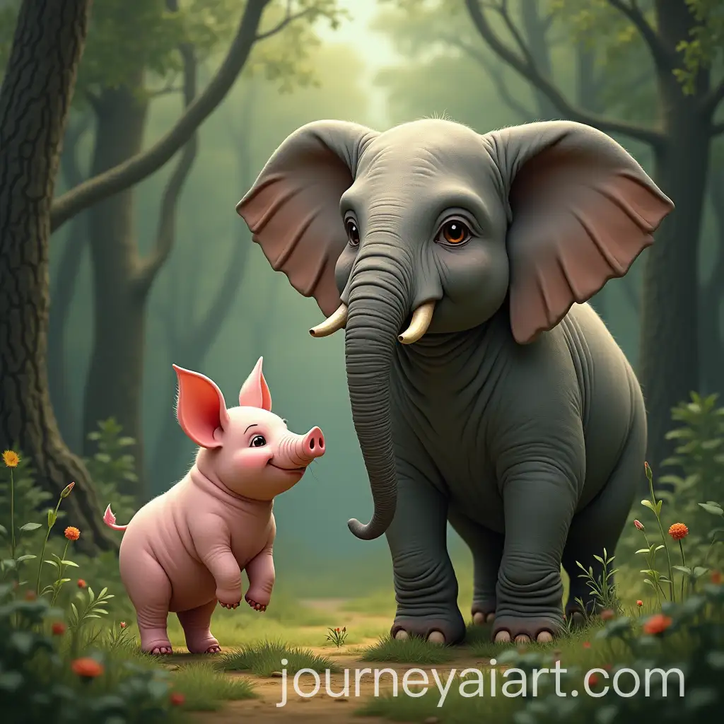 Playful-Pig-and-Elephant-Standing-in-a-Lush-Forest
