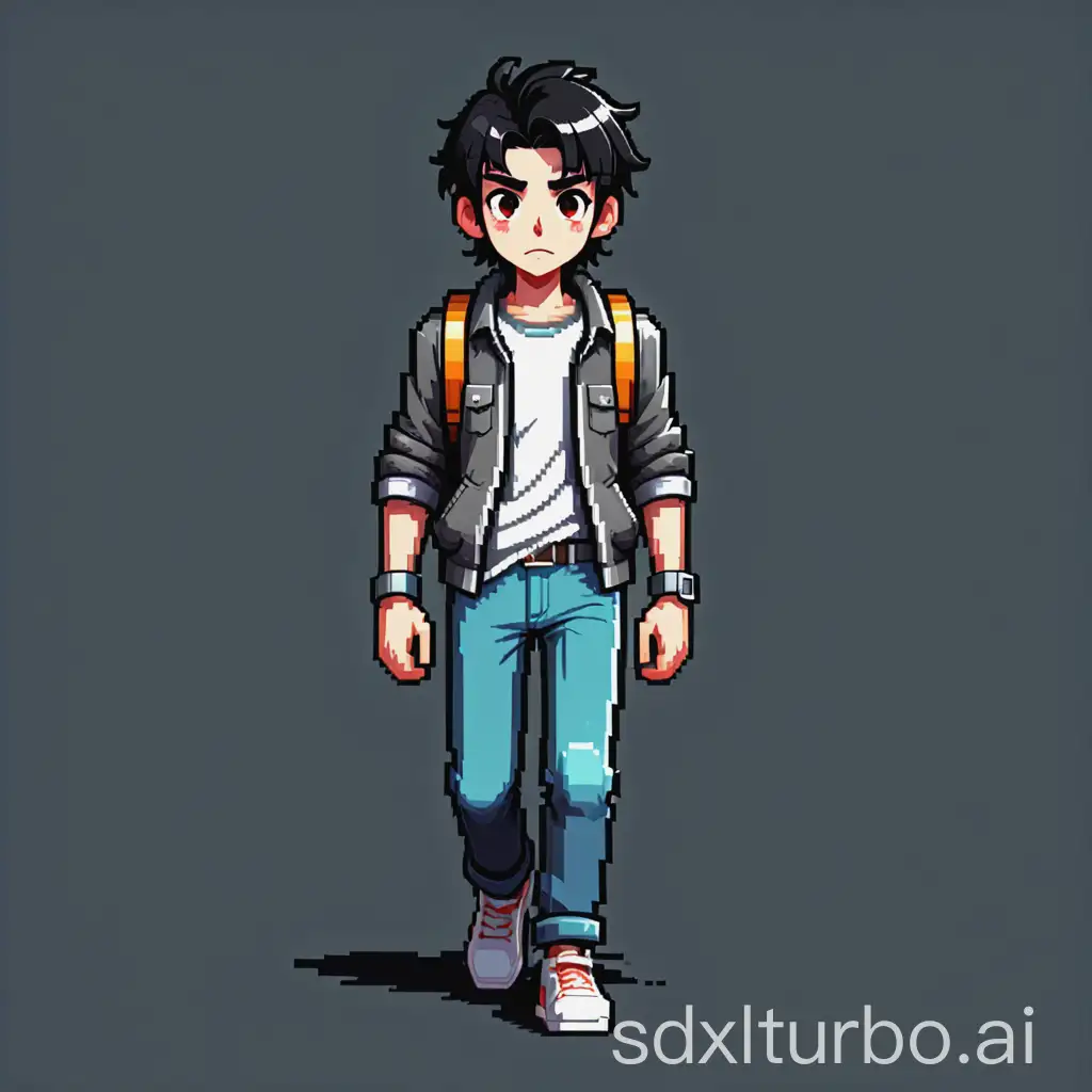 2D pixel art style Chinese male student walking connected loop action sprite animation. Character details: Teenager, with **shiny skin texture**, black hair and deep dark eyes. Pixel art design: Bright 2D sprites, using retro game aesthetic style, suitable for game development use. `2D pixel art, China adolescent male standing walking animation, shiny skin, black hair, black eyes, detailed nose, retro game sprite, can cycle frames, 16 bit color palette` Standby idle frame + 4-8 frames connected loop walk cycle animation, containing lifting feet, swinging arms and other natural action transitions, each frame is smooth and seamless in one picture including four actions