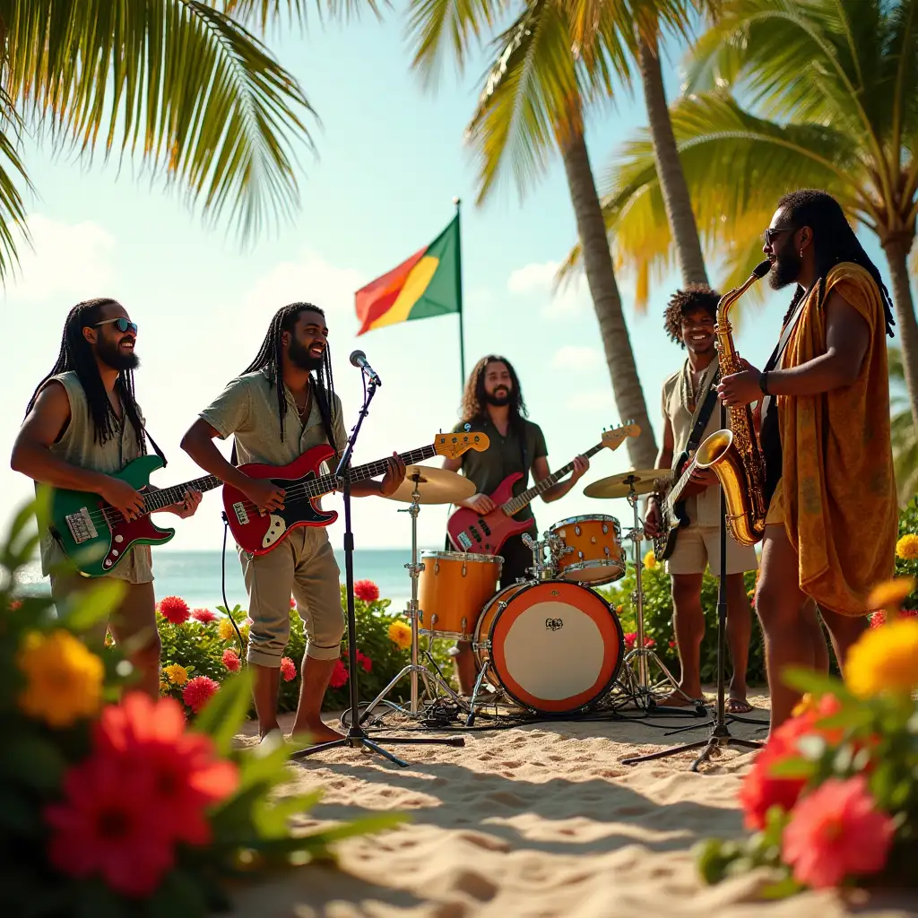 A vibrant reggae band performs on a sun-kissed tropical beach, surrounded by colorful flags and exotic flowers, with each member fully clothed and radiant in their unique attire, no body exposure in sight. The scene is framed by lush green palm trees, with a few subtle wisps of fog rolling in, evoking a sense of effortless island charm. The band's instruments, including a bass guitar, drums, and saxophone, are polished and gleaming, with a subtle hint of moisture. The lighting is cinematic, with warm, golden tones and subtle shadows