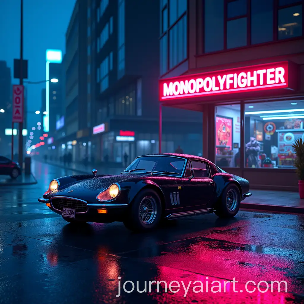 Futuristic-City-Street-Scene-at-Night-with-Vintage-Sports-Car-and-Neon-Lights