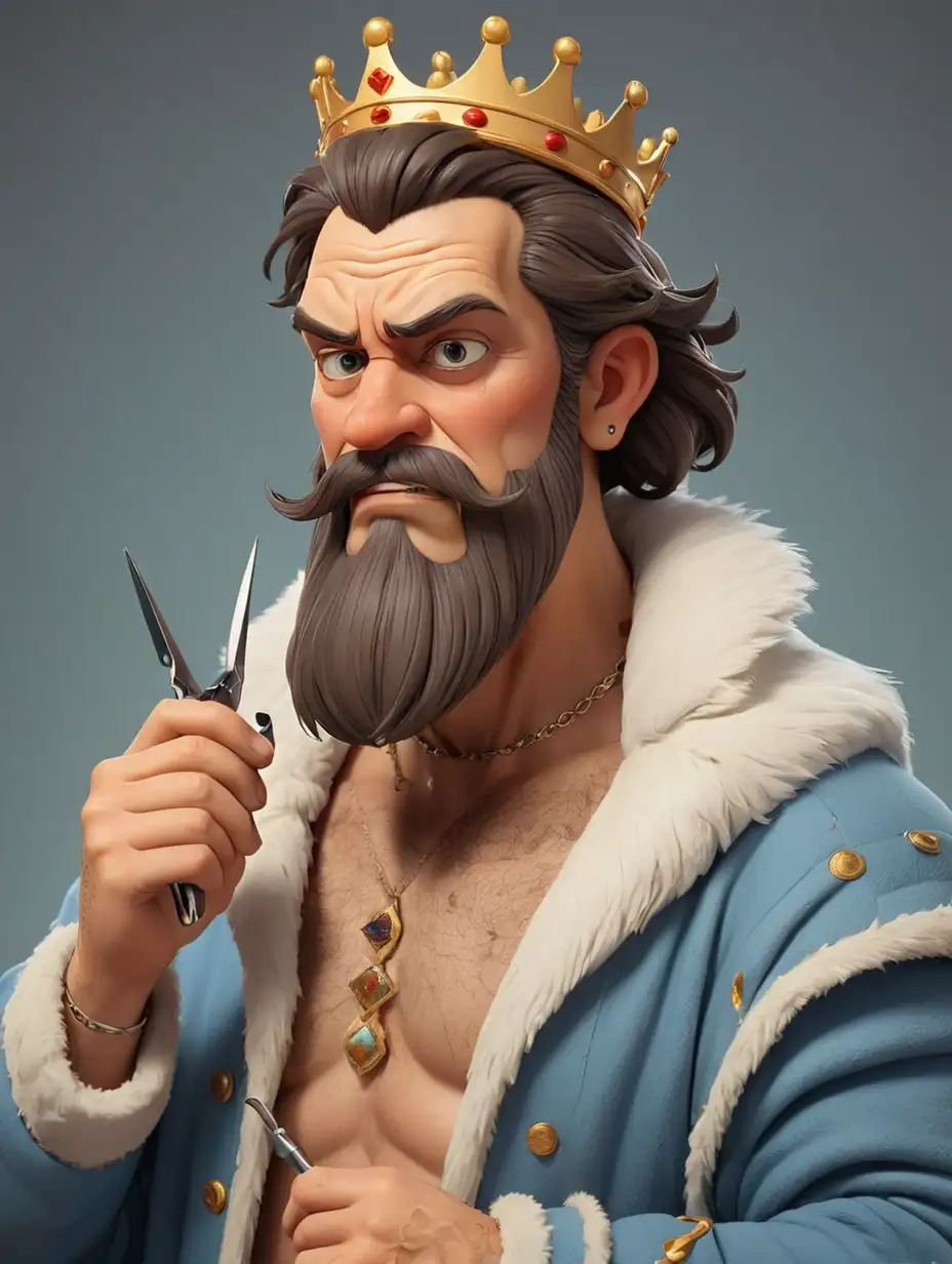 Cartoon-King-Shaving-and-Trimming-His-Beard-with-Razor-and-Scissors