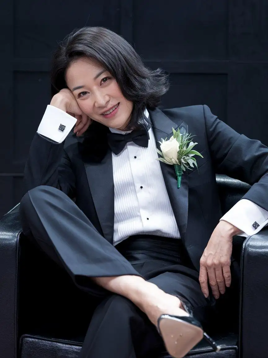 Elegant-Chinese-Woman-in-Tuxedo-Smiling-in-Dimly-Lit-Room