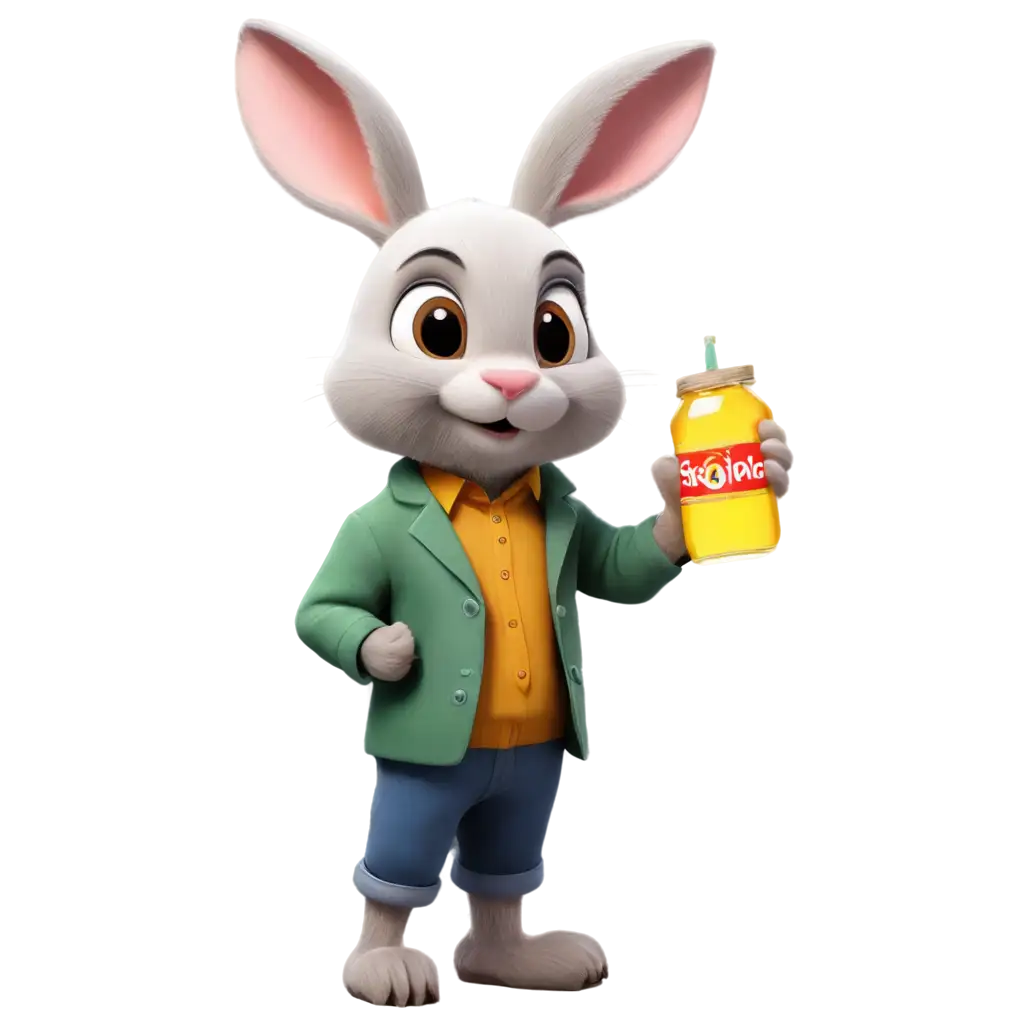 rabbit drinking apple juice, make it cartoon