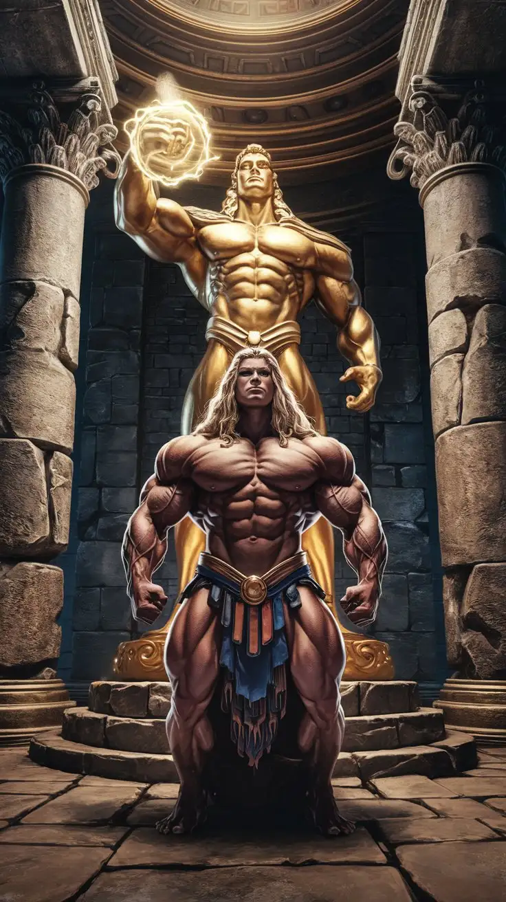 Muscular-Bodybuilder-Receiving-Golden-Superpower-in-Ancient-Temple