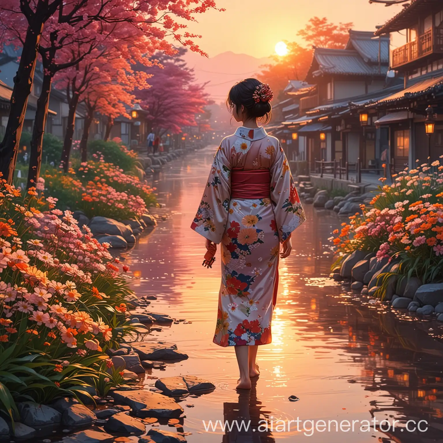 Girl-in-Asian-Attire-Walking-by-River-with-Floral-Street-at-Sunset-Anime-8090s-Style