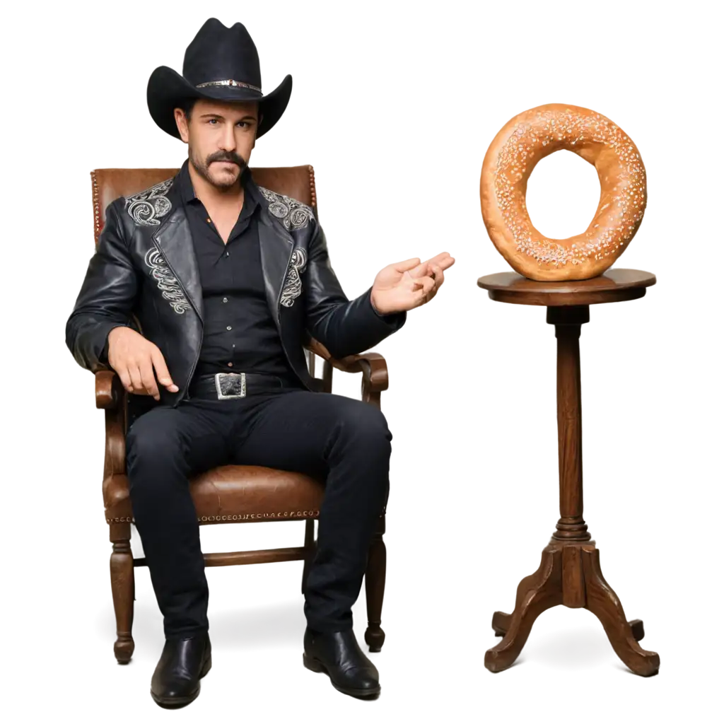 Criminal-Cowboy-PNG-Image-Sitting-on-a-King-Chair-Holding-a-Turkish-Simit-HighQuality-PNG-Format-for-Maximum-Detail