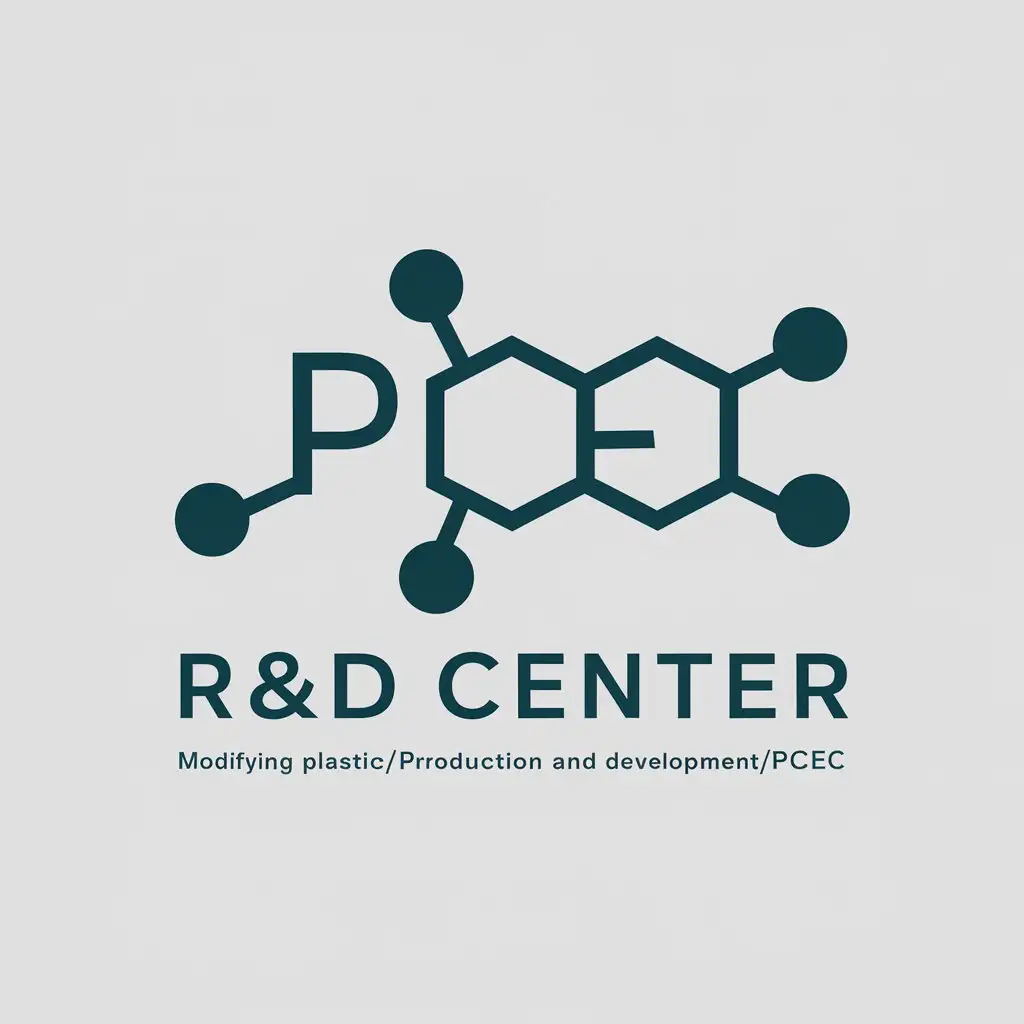 a vector logo design,with the text "R&D center/modifying plastic/production and development/PCEC", main symbol:polypropylene molecule chain,Moderate,be used in raw materials producer industry,clear background