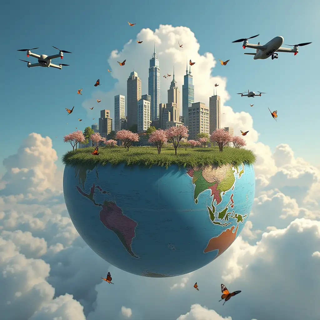 i would like you to generate a globe zoom out with the top half having building peeking out and drones and airplanes flying over it the colors of the top half grey and dark and the bottom half pastel colors with flowers peeking out and butterflies flowing over it