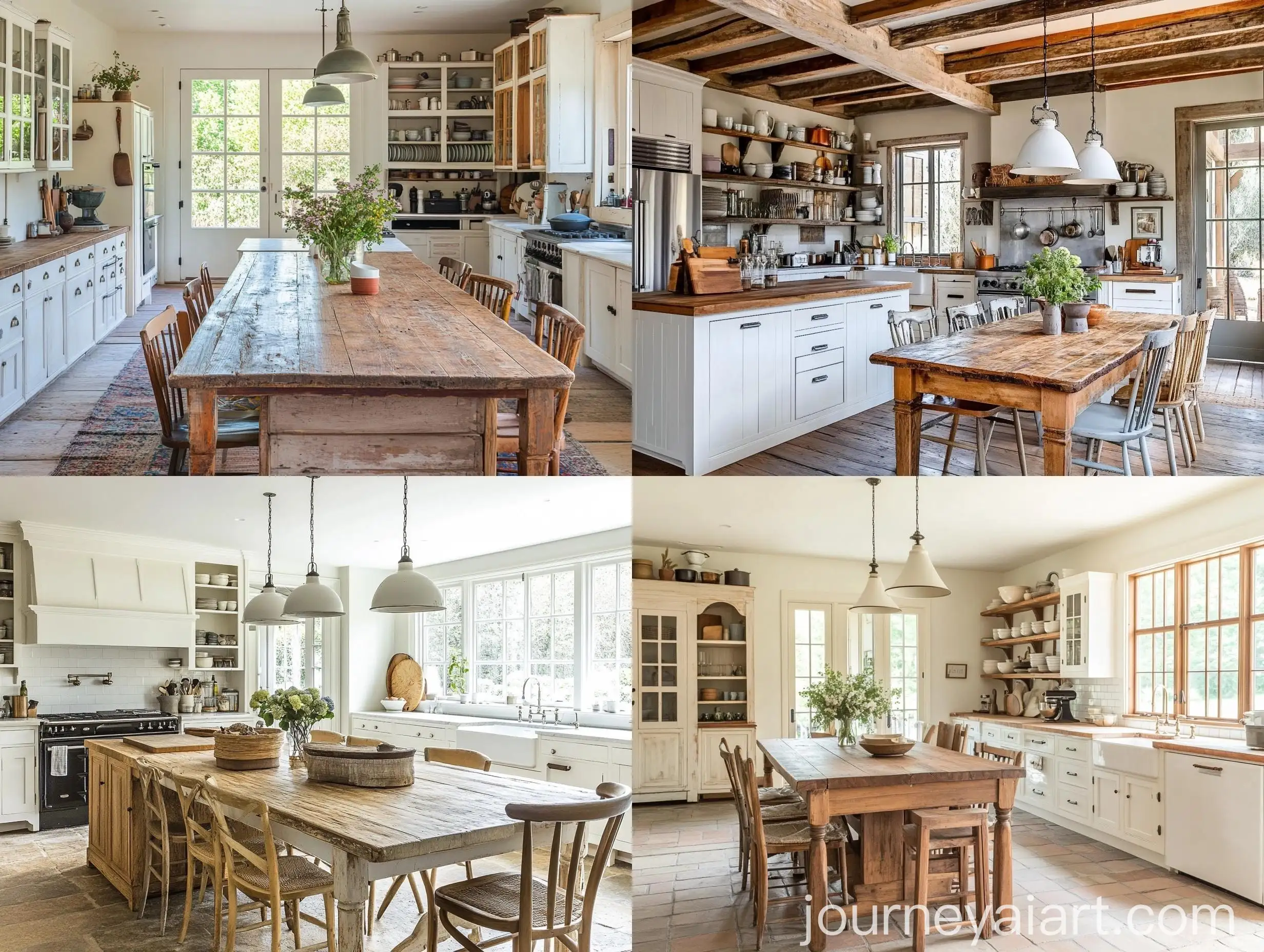 Rustic-Farmhouse-Kitchen-with-Wooden-Island-and-Mismatched-Chairs