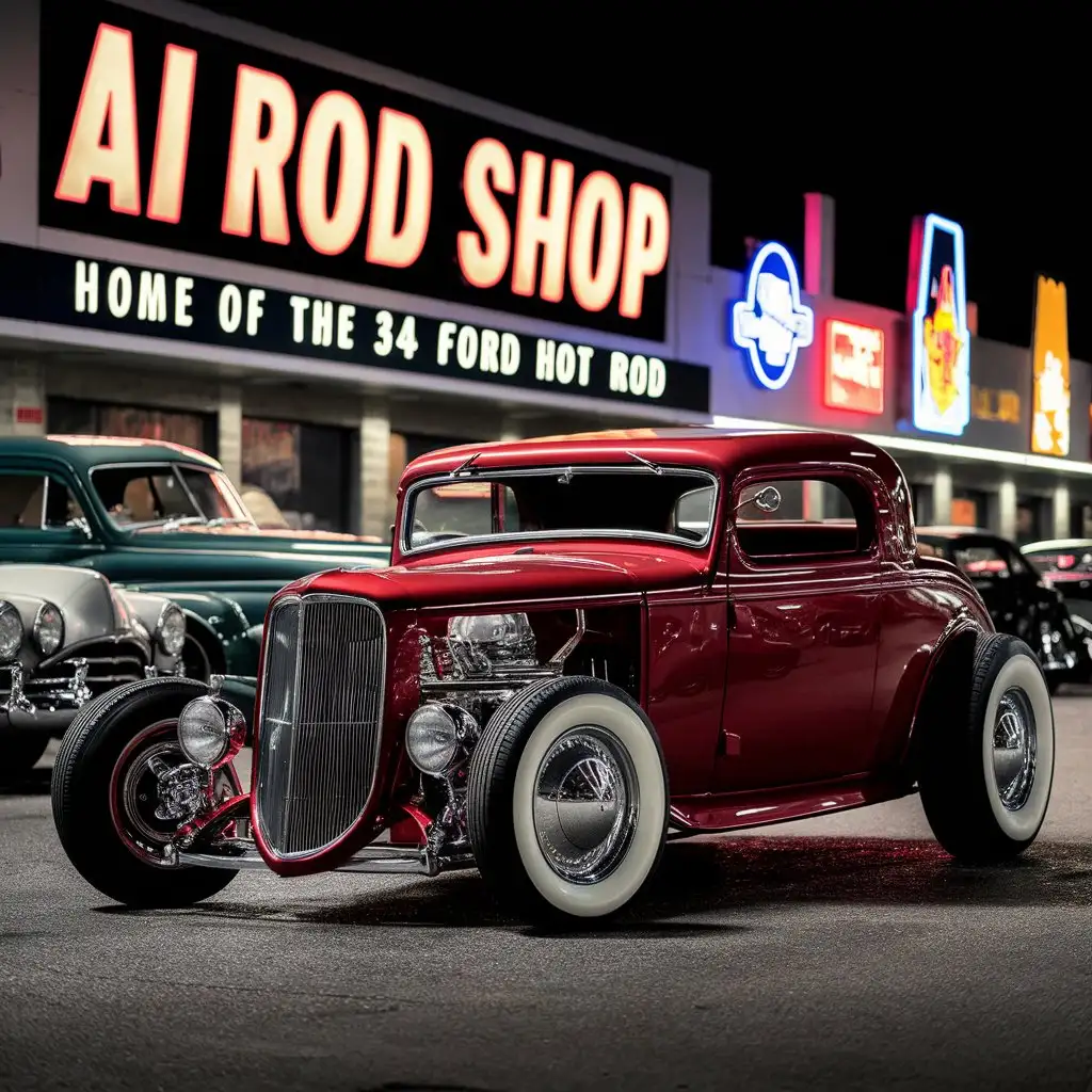 Vintage 1934 Ford Hot Rod Parked Outside Sign Shop