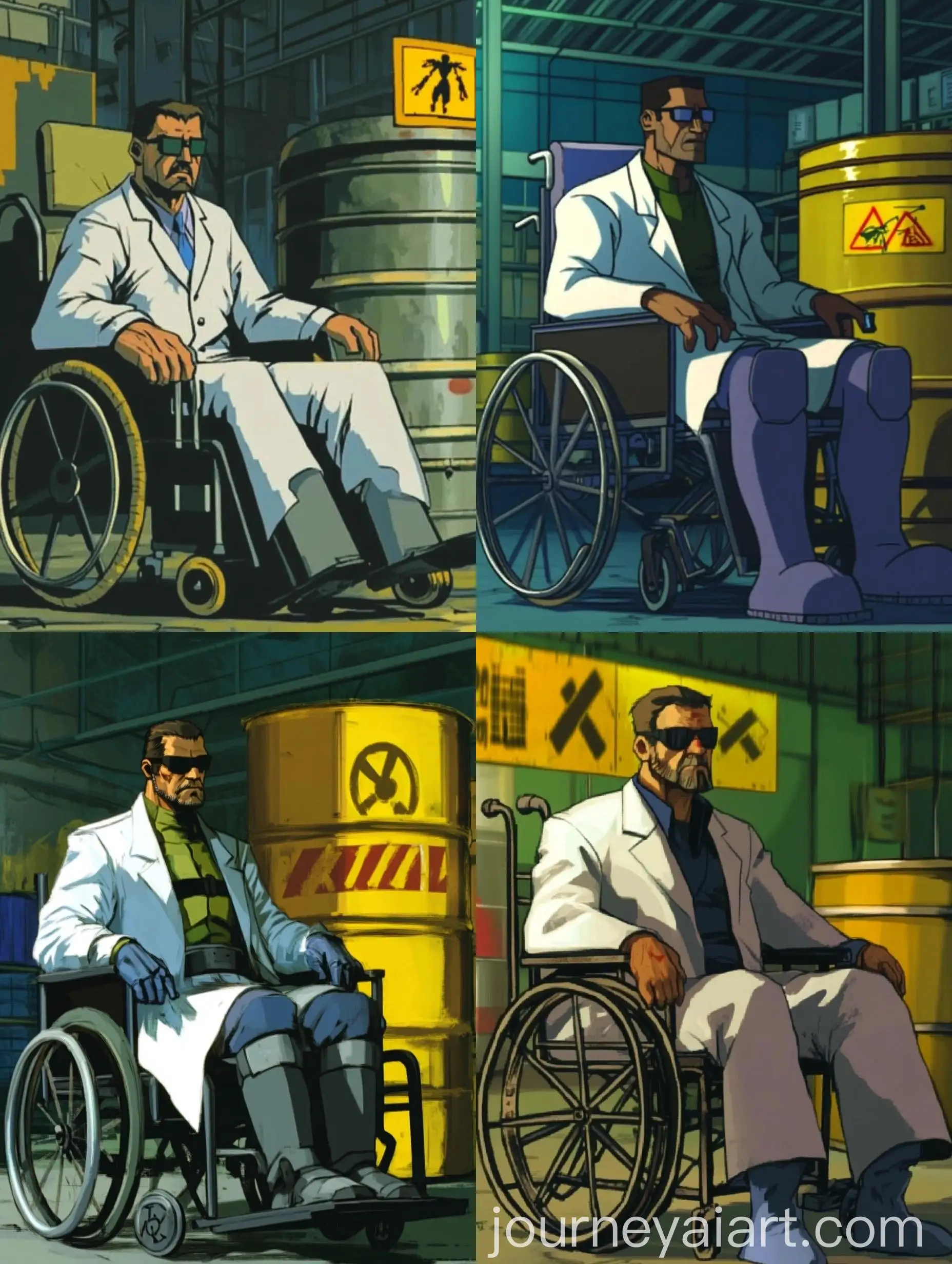 Scientist-in-White-Lab-Coat-with-Iron-Hand-and-Radiation-Barrel