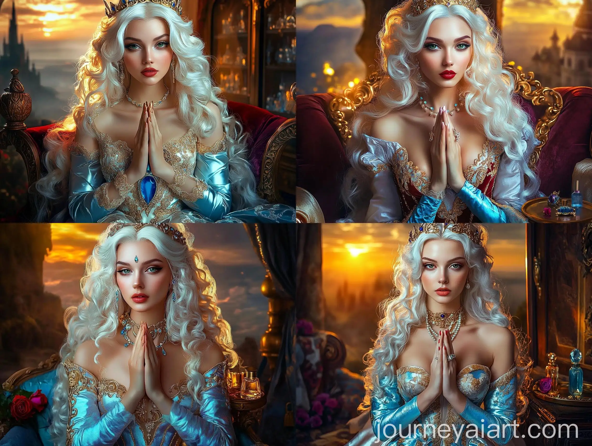 Medieval-Woman-in-Praying-Pose-with-Castle-Background