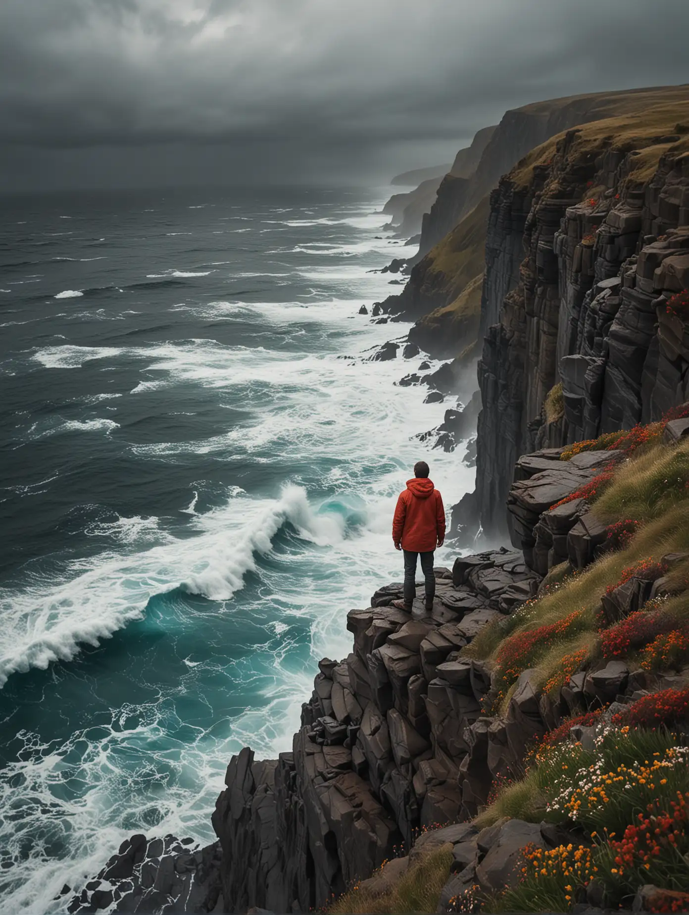 A close-up of a person standing resolute on a cliff edge overlooking a vast, stormy ocean. The individual’s posture exudes strength, facing the tumult with unwavering faith. The stormy landscape captures the tension of waiting, rendered in the vibrant, expressive ink style of Lem Chmiel. Captured with a wide angle lens, rich and vivid coloring, depth of field, 8k resolution and composition.