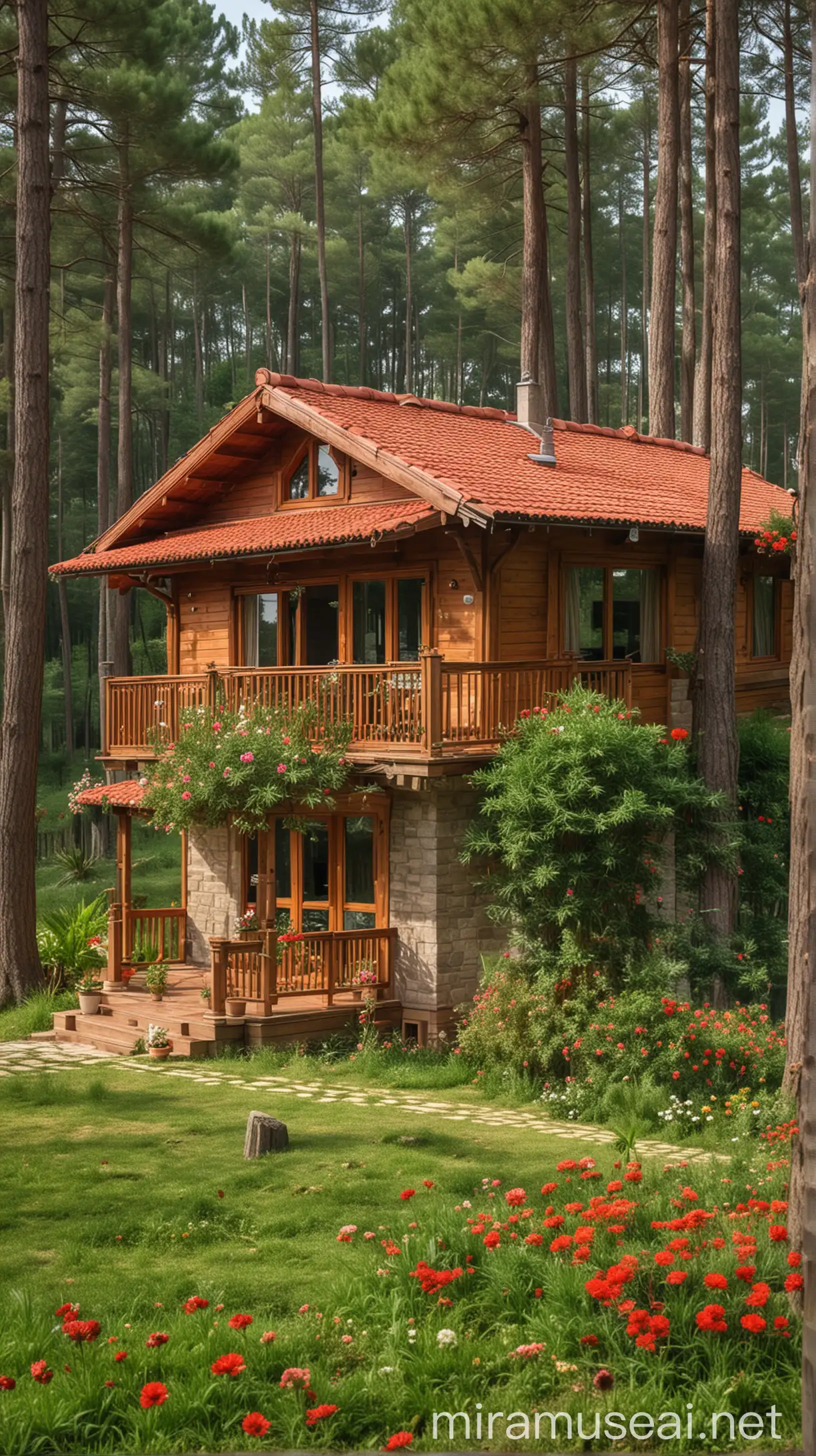 Cozy Wooden House in Pine Forest with Red Tiled Roof