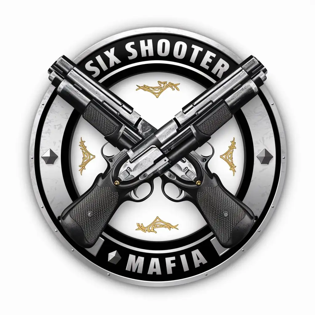 LOGO Design For Six Shooter Mafia Metallic White Circle with Crossed Guns and Gold Details