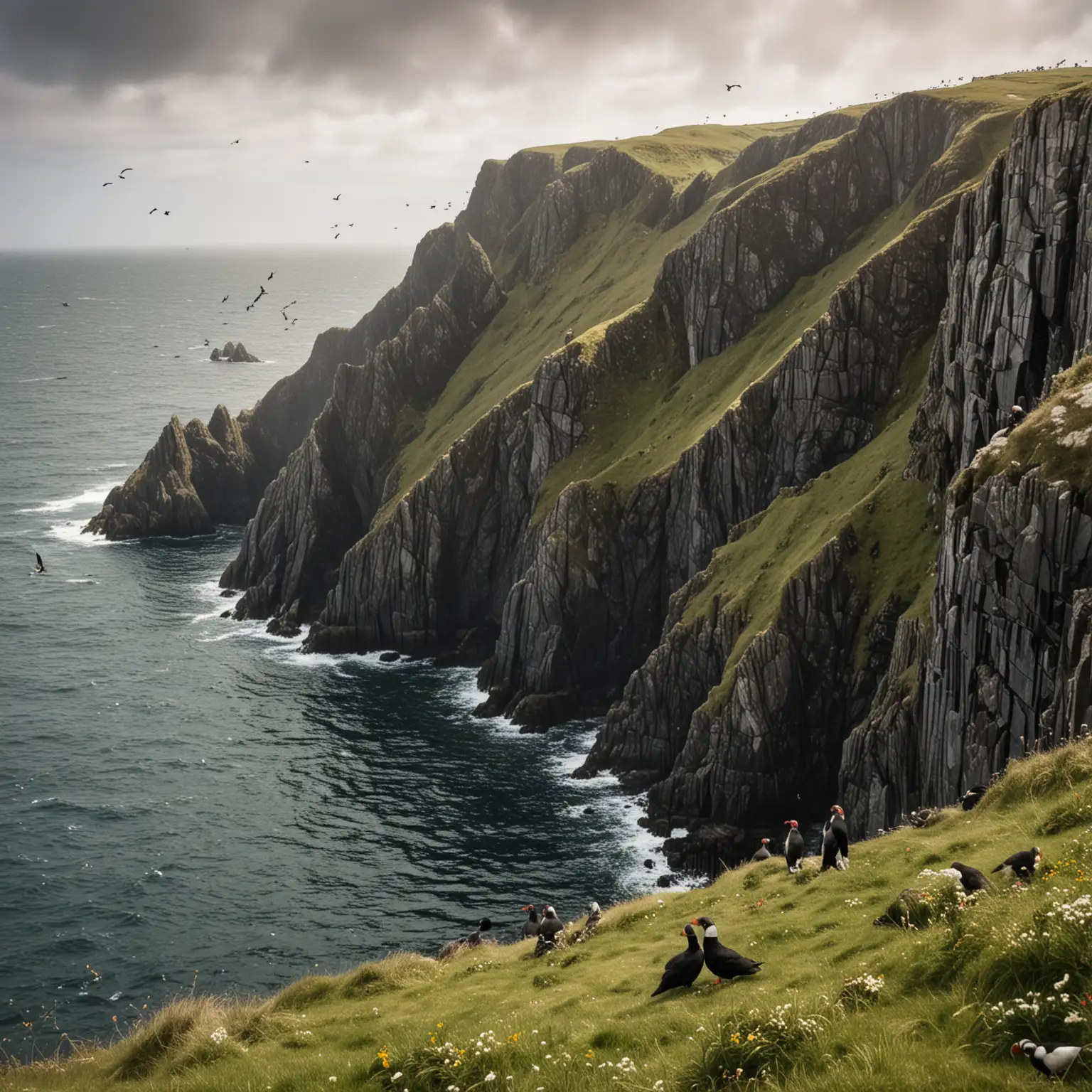 the cliffs of St Kilda in colour, with birds, puffins, razorbills around