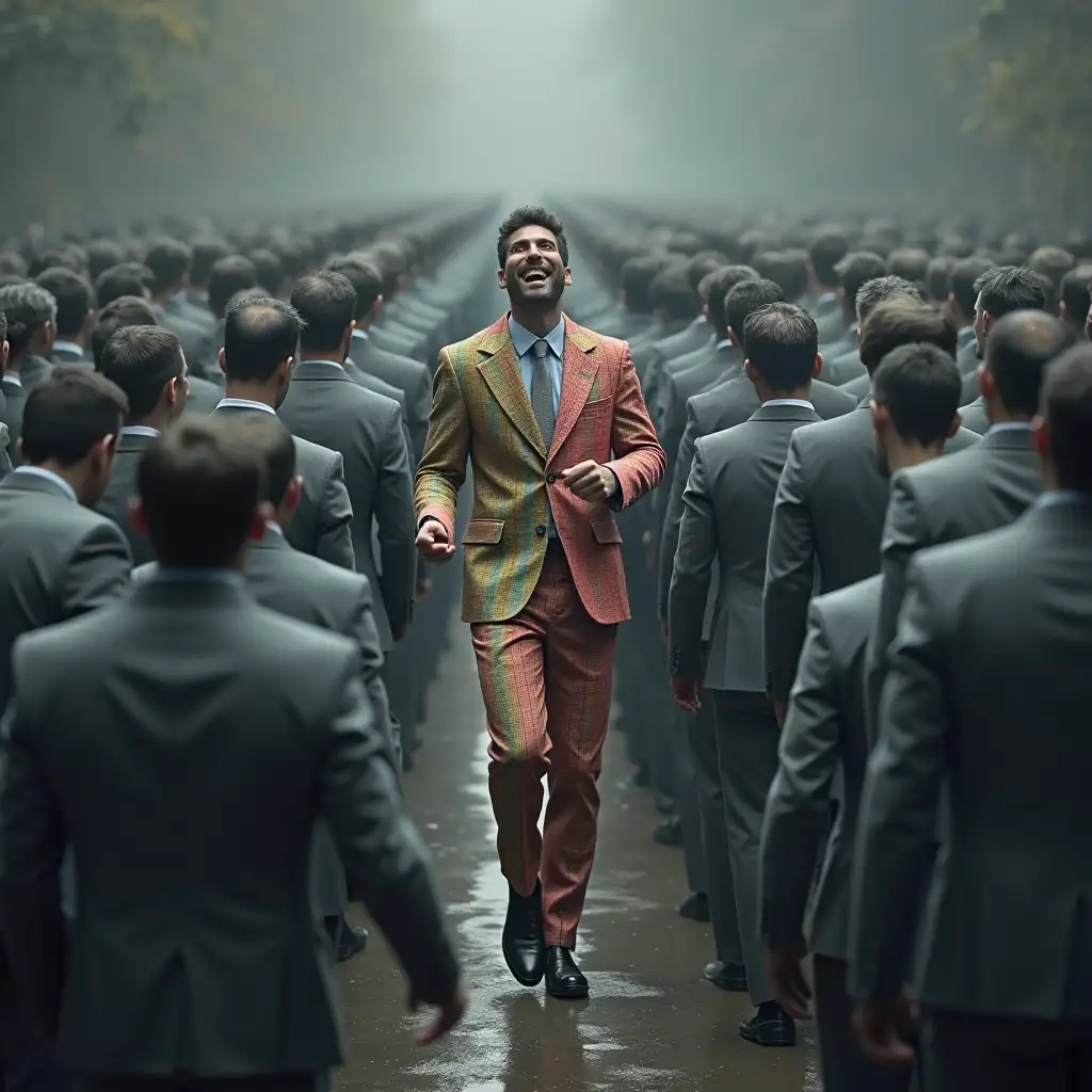 A 8K Photograph of a army of men in grey suits, drag, dreary, boring and greyscale. Thousands of them. Among the grey men should be a single man, with a super vibrant multi colored suit, dancing, having the time of his life. The man should symbolize being unique and enjoying yourself even if everyone around you is boring.