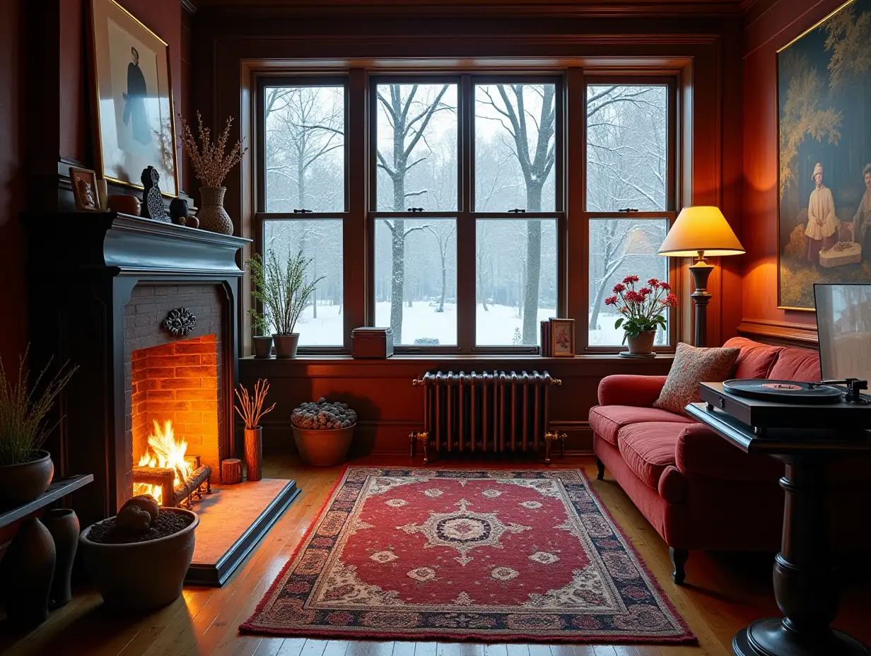 typical department in NY, in winter, with fireplace, a cozy room and large windows to see the snow, plus, add a turntable console for vinyl records