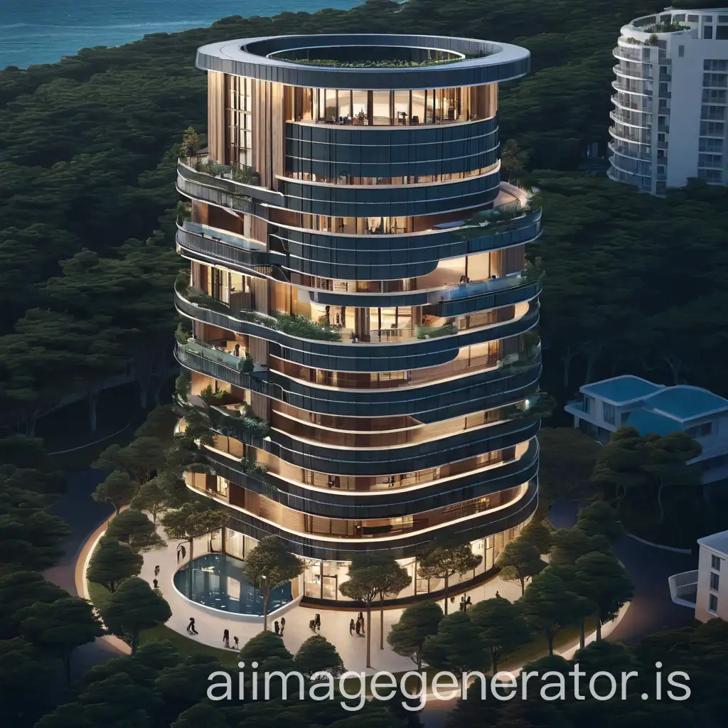 Circular-Tower-in-Seaside-City-Surrounded-by-Trees-and-Architecture