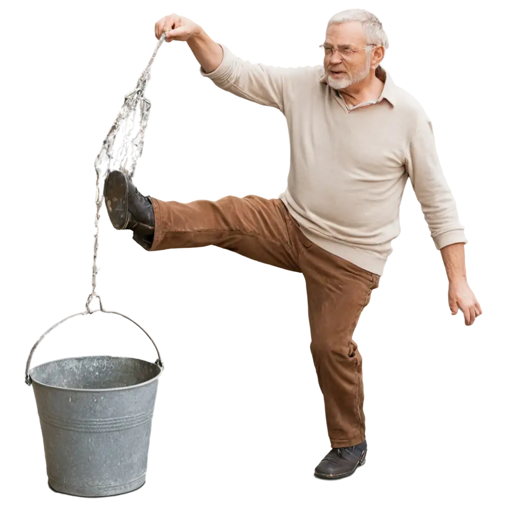 an old man kicking a bucket