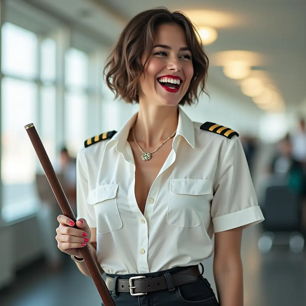 pilot lady, in white casually deep-necked airlines pilot shirt, laughing with her mouth open, red lipstick accentuating her smile, belt on waist, big wide hips, chest are fully grown, jewelry, short hair, HD, holds a long riding crop, airport, photo-realism