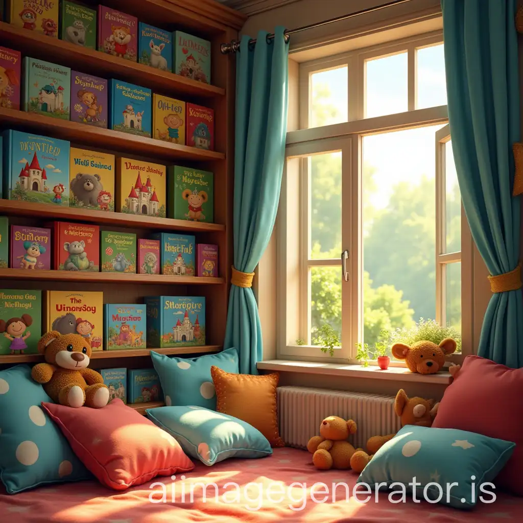 An inviting scene with a colorful bookshelf filled with vibrant children's storybooks, each cover featuring playful animals, magical castles, and friendly characters. In the foreground, a cozy reading nook with soft cushions and a teddy bear sits by an open window with gentle sunlight streaming in. The atmosphere is warm, friendly, and imaginative, capturing the sense of wonder and adventure that comes from reading.