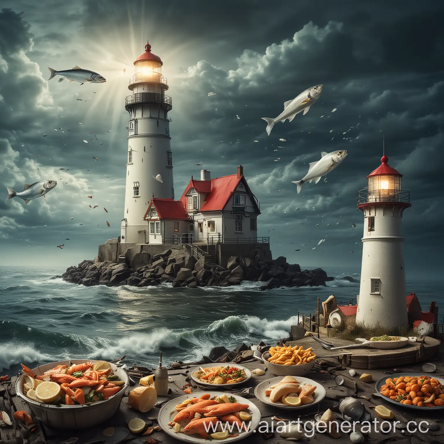 Lighthouse-Illuminating-Fish-in-Ocean-Waters