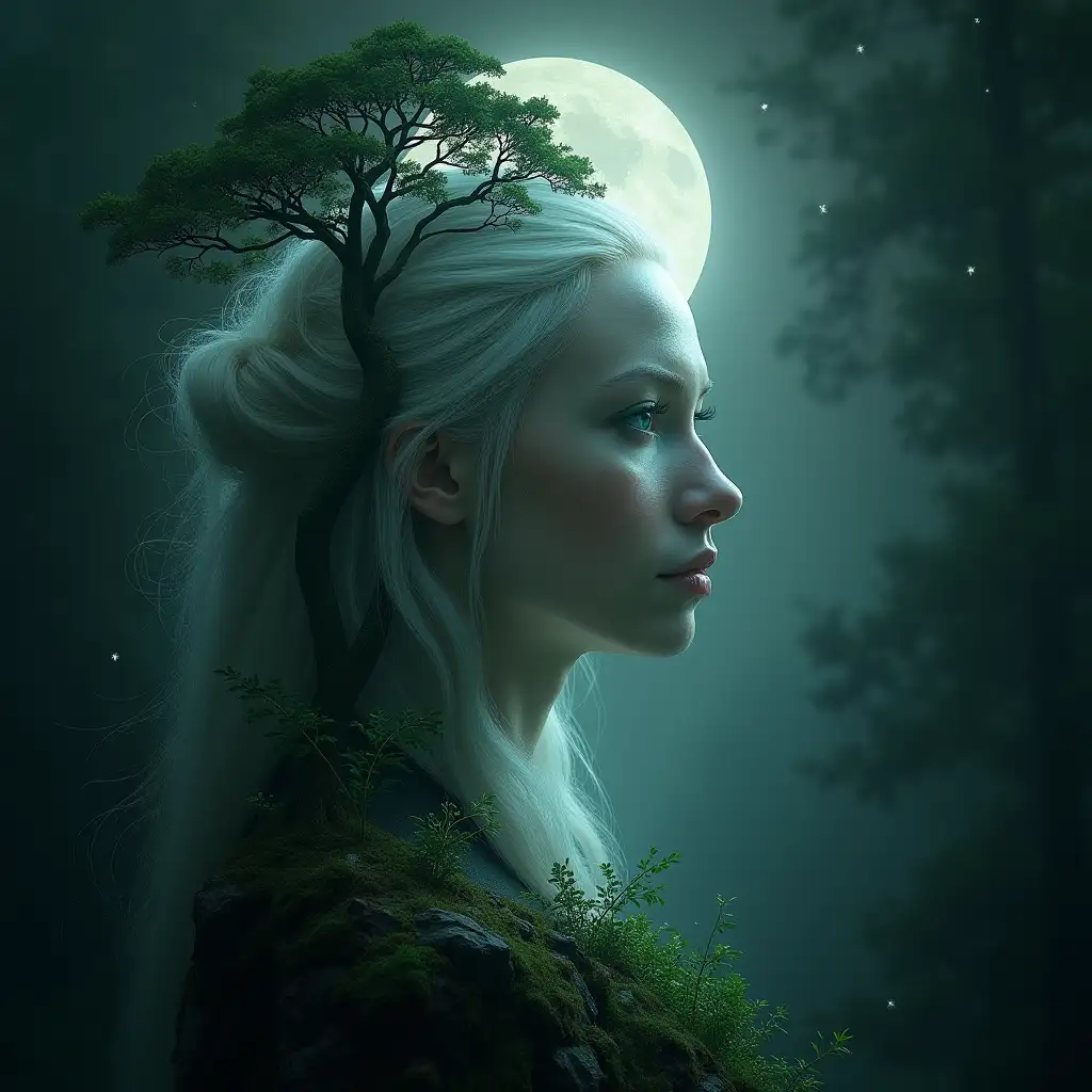 A beautiful, mystical being blending features of both Sidhe and Patupaiarehe—light skin, multicultural features with glowing white skin, straw coloured hair, green or blue eyes. A spirit being, dark and haunting. In profile. A moon light illuminates their face, blending into a natural landscape—half forest, half stone circle. The atmosphere is dark and mysterious, haunting. Maori aspects present. Mist floating throughout the image. Maori woman.