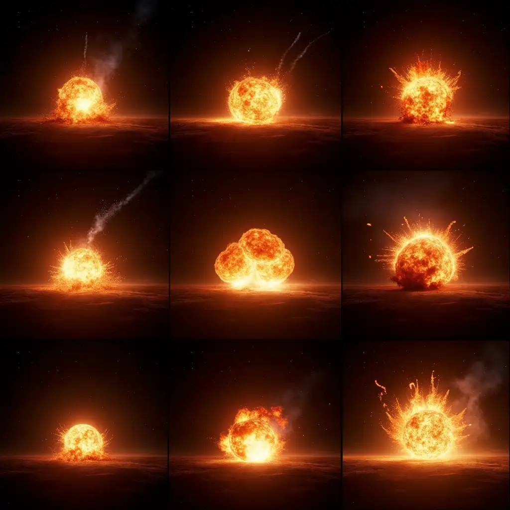 Sequence of 9 images showing a fiery explosion in space, step-by-step progression, from initial burst to final dissipation, glowing plasma, intense flames, shockwaves, debris fragments, cinematic lighting, dark cosmic background, high detail, 4k, sci-fi style, dynamic action, realistic effects, no spaceship visible, focus only on the explosion