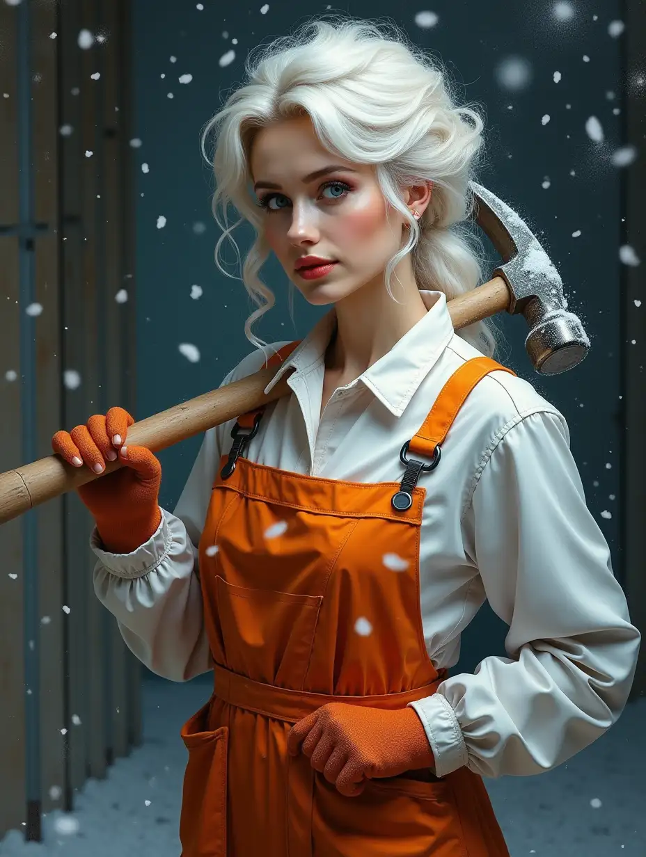 Extremely beautiful with white hair, very detailed, young hot woman, easy to talk to, affectionate, enthusiastic, intricately detailed lighting, surreal, abstract, dark night. House renovations are going on around. This realistic photograph shows an elegant woman in her white and orange work uniform with hammer in hand. It is winter, with snow falling around her. The image is of exceptionally high quality, with sharp details and vibrant colors that truly bring the subject to life. This mesmerizing image conveys her beauty and strength, making her appear fragile and powerful at the same time. The scene comes alive with vibrant colors and intricate details, creating a realistic and captivating painting that exudes a sense of grace and hard work. Every stroke and color choice enhances the intricate depiction of this captivating subject, demonstrating the artist's skill and dedication to her craft.