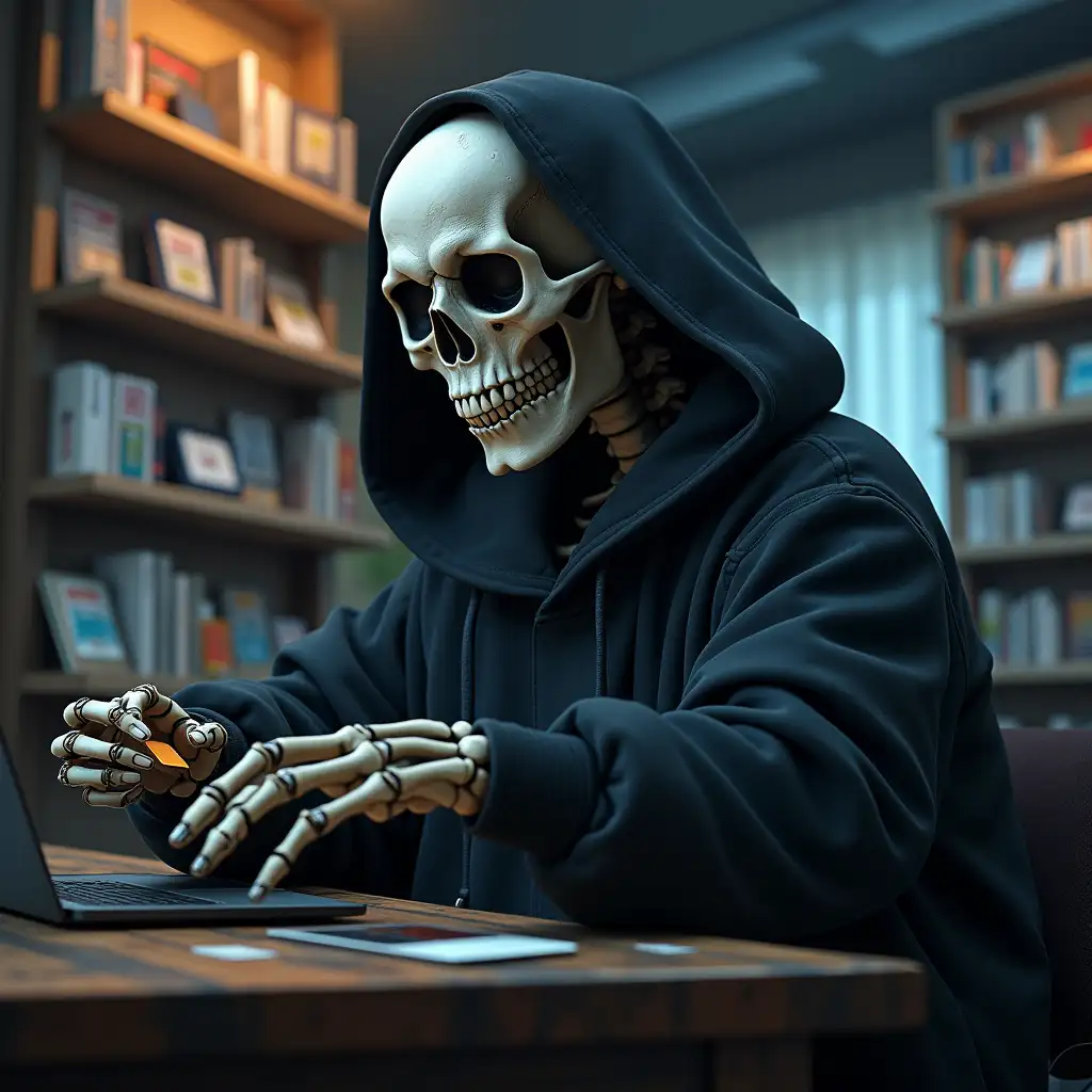 A skeleton man who owns a virtual SIM card store and sells virtual SIM cards to people