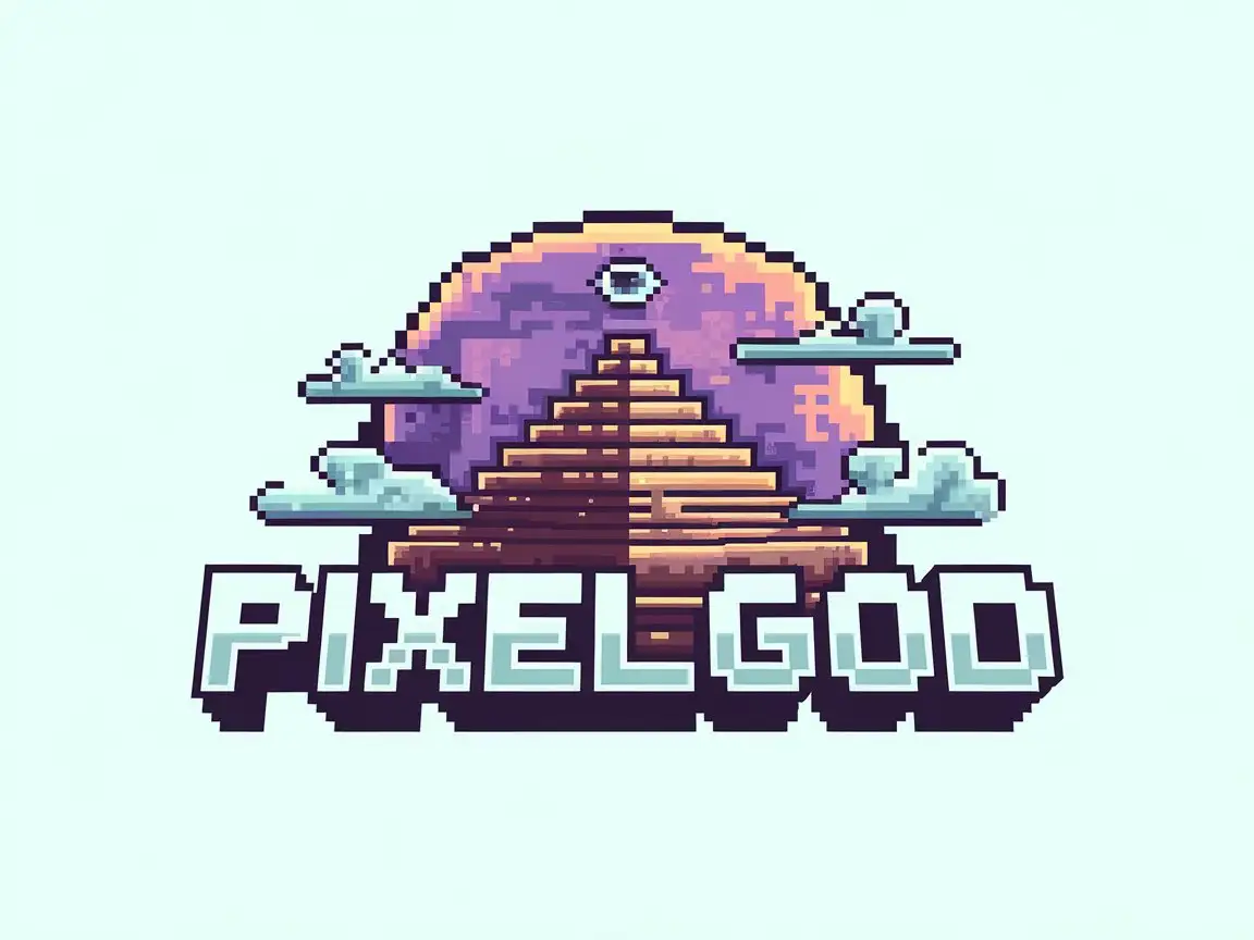 Pixel Art Logo of a Fantasy Third Eye Planet with Pyramid and Clouds