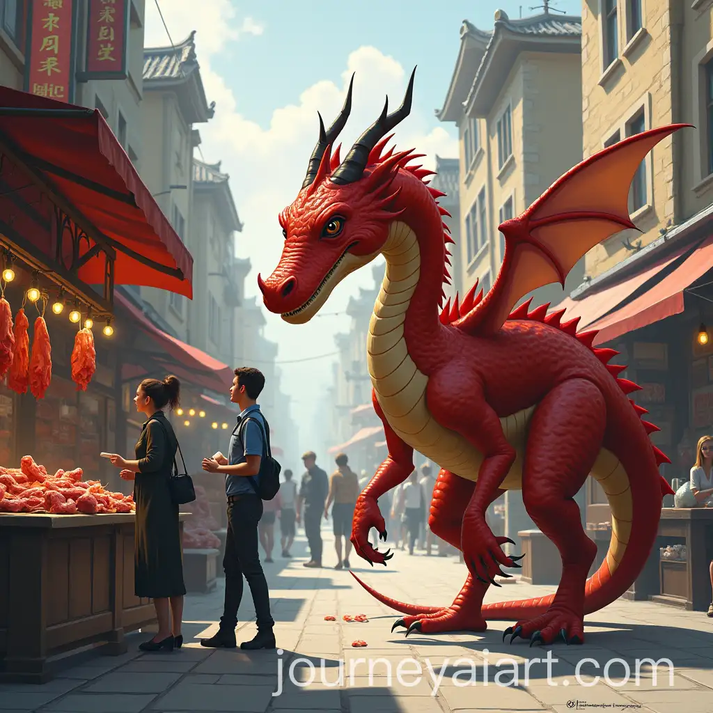 Giant-Red-Dragon-Curiously-Observing-Meat-Stall-at-Market