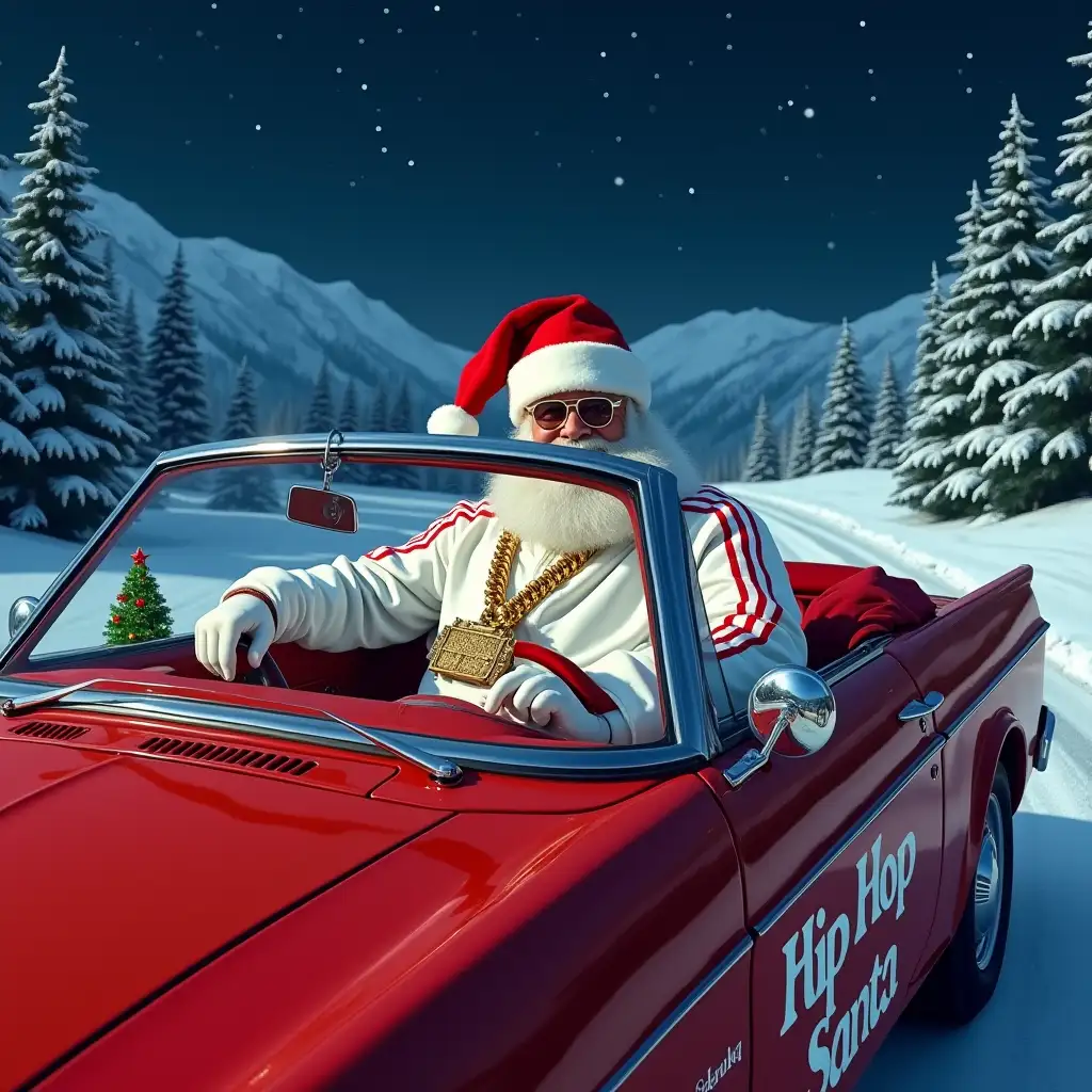 Hip-Hop-Santa-Claus-in-Convertible-with-Christmas-Mountains-and-Shooting-Stars