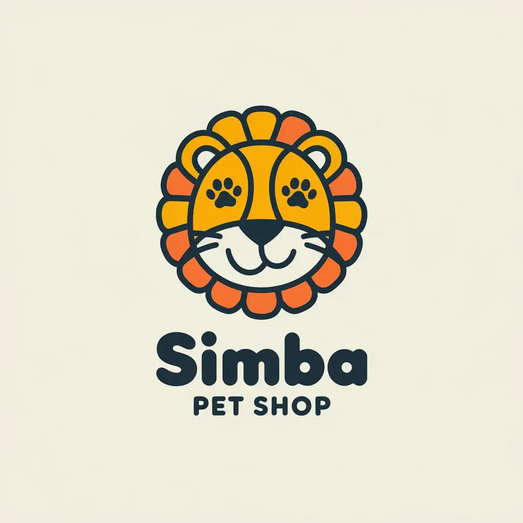 LOGO Design for Simba Playful Lion Face with Paw Print in Warm Orange and Yellow Colors