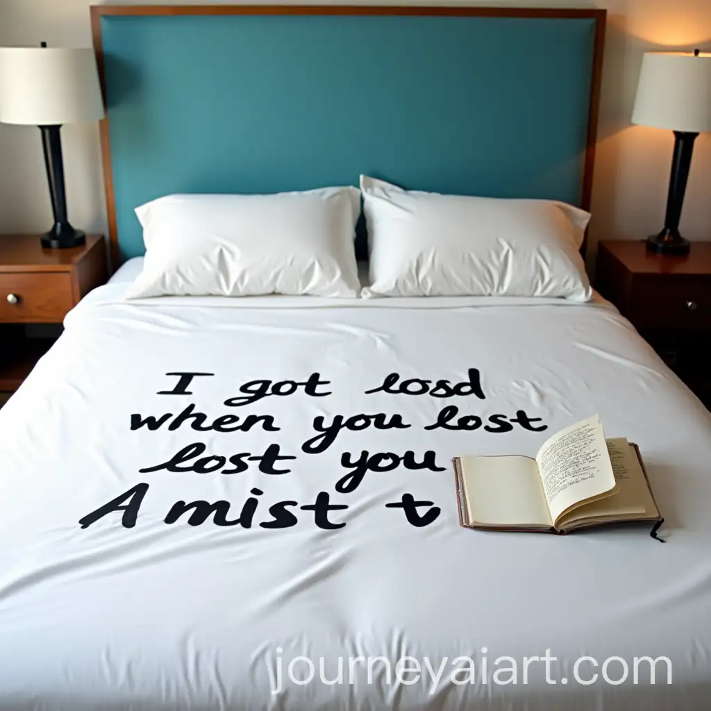 Handwritten-Message-on-White-Bed-Sheets-with-Spilled-Water-and-Designer-Lamps