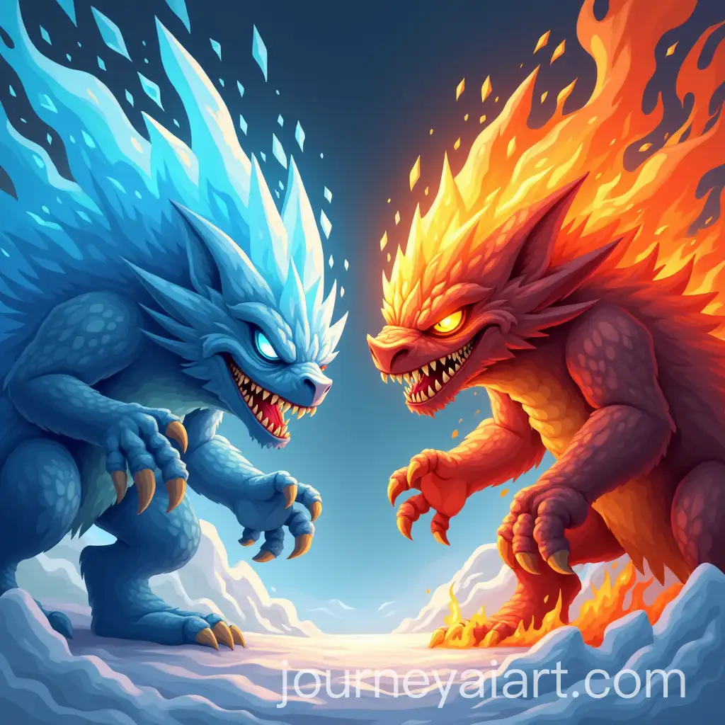 Epic-Battle-Between-Glacial-and-Lava-Monsters-in-Iconic-SemiCartoon-Style