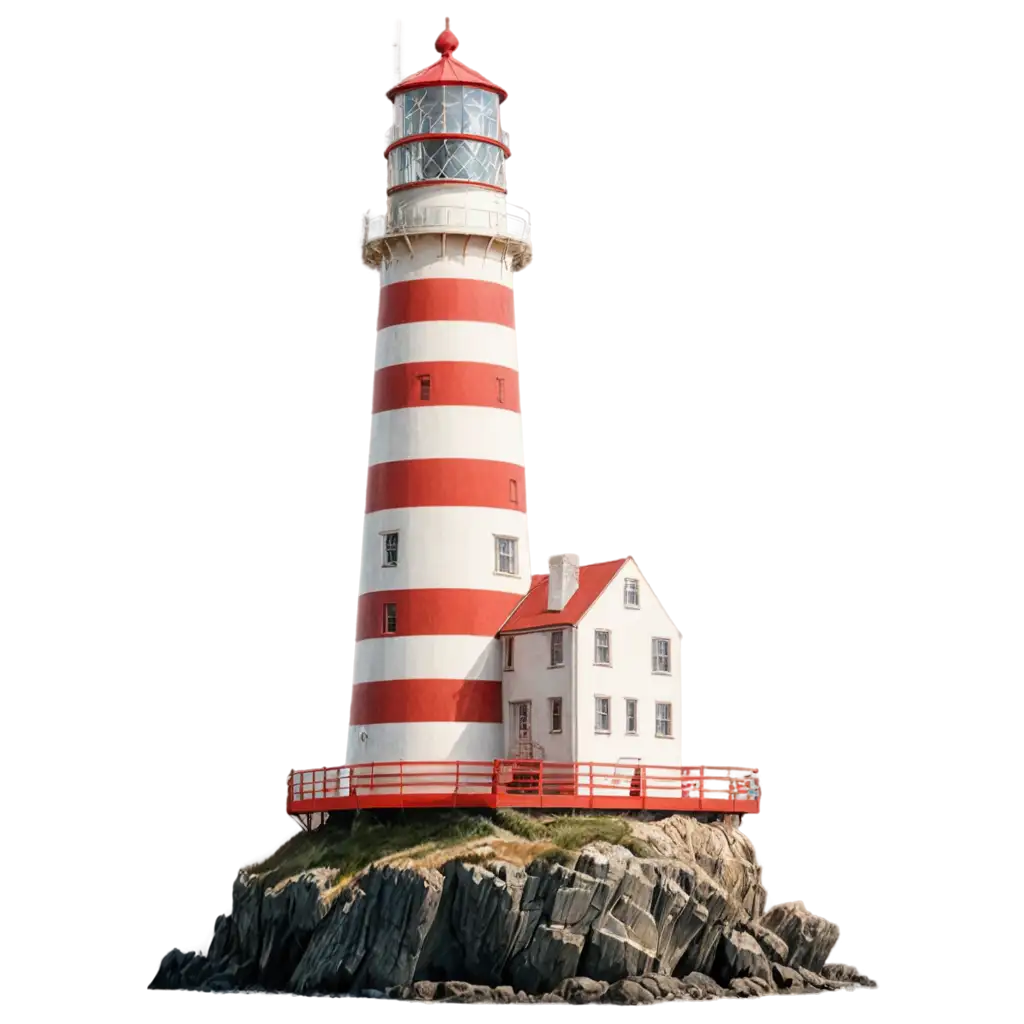 Lighthouse, coastal, red and white stripes, rocky outcrop, weathered, isolated, beacon, maritime, rugged, historic, nautical, scenic, cylindrical tower, windows, glass dome, dramatic, iconic, ocean, navigation, atmospheric, detailed texture, realistic rendering full object show screen,  background full white