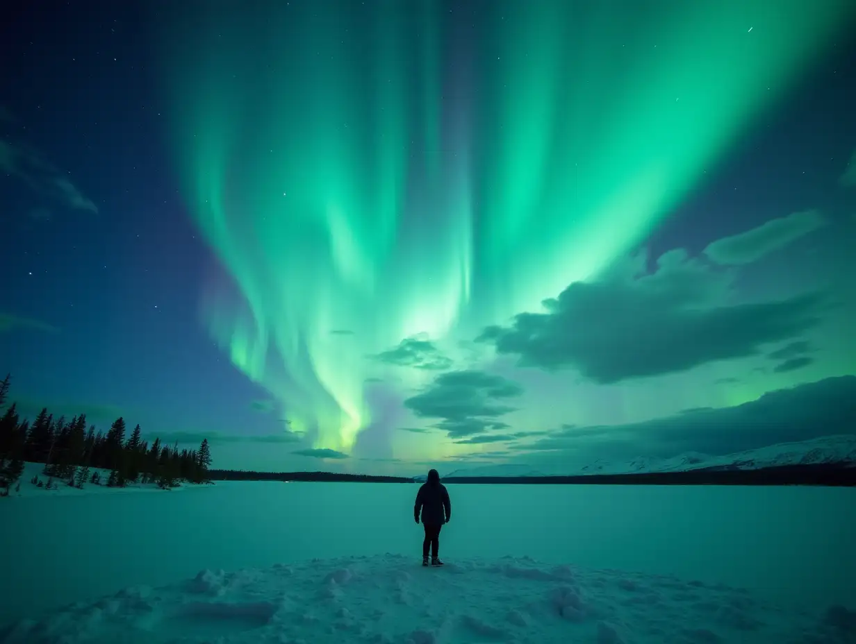 Imagine the thrilling spectacle of northern lights, when curtains of green and purple light dance on the night sky. Create an image of a lonely figure standing at the edge of a frozen lake, gazing in awe at the celestial sight