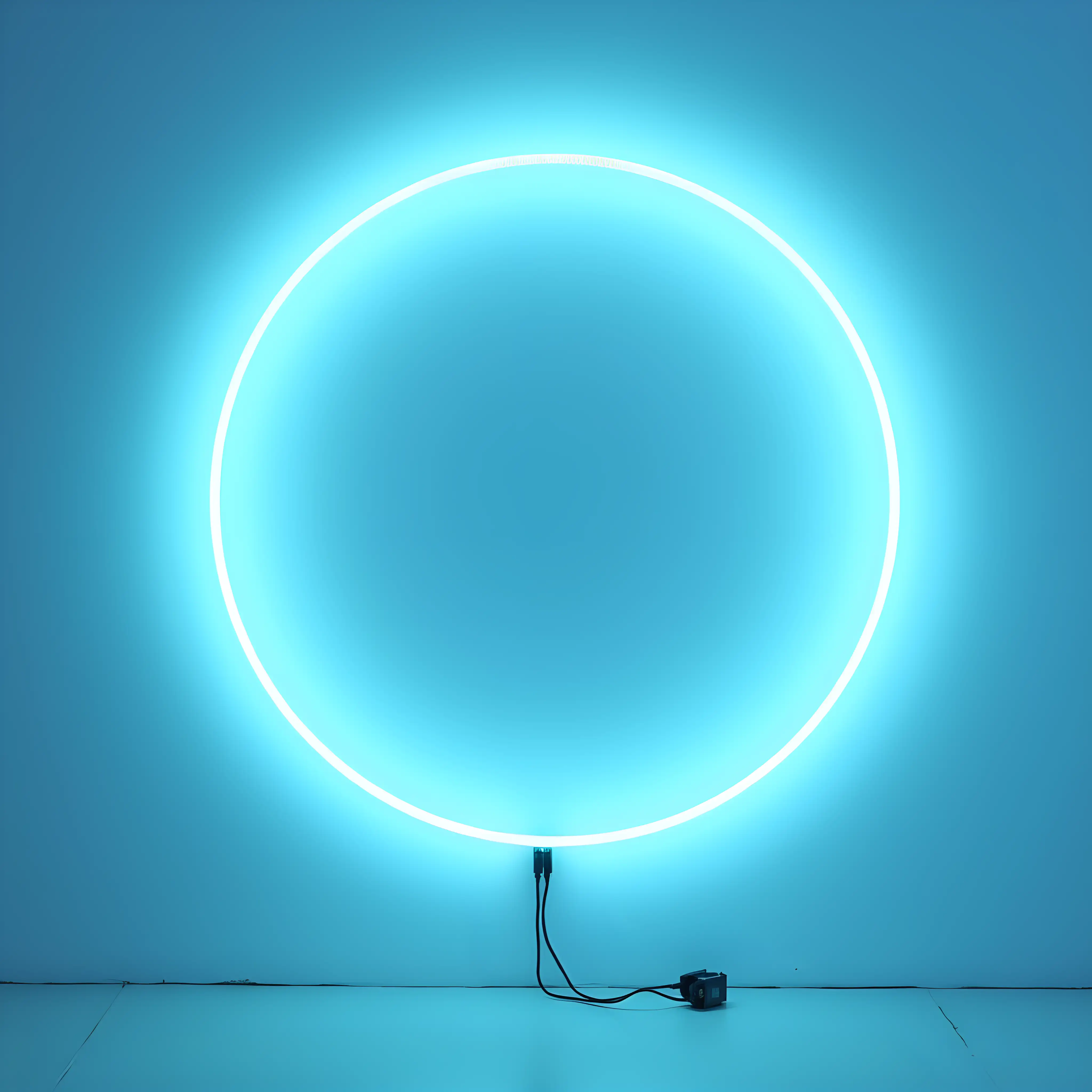 create a pale blue neon light which is a glass tube 10mm thick and 100cm diameter, formed into a perfect circle with the electrical connections at the bottom. It is fixed to a pale blue wall with all the fixings visible.