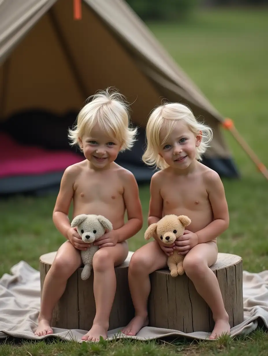 Two-Skinny-Little-Girls-Sitting-on-Stools-in-a-Grassy-Campground-with-Stuffed-Animals