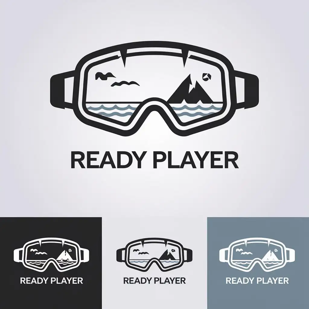 LOGO Design for READY PLAYER Minimalistic with Goggles Sky Sea and Mountain Theme for Sports Fitness