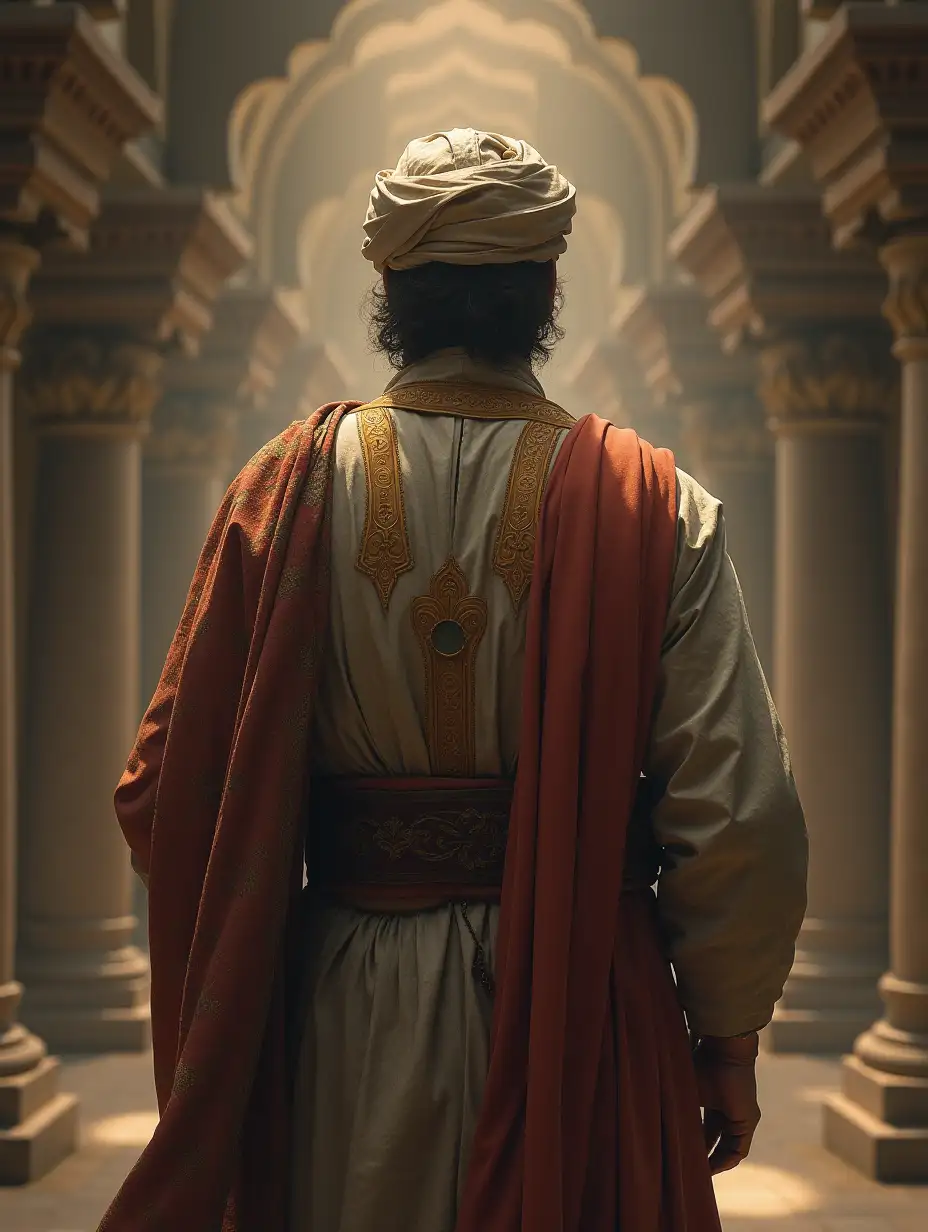 depiction of a prophet with their back turned, face not visible. The prophet is dressed in traditional attire with distinct Islamic motifs, set in a serene and respectful atmosphere